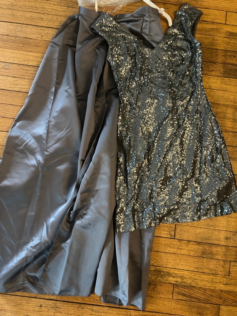 Christina Wu Charcoal Gray Sequin Cocktail Dress with Satin Skirt